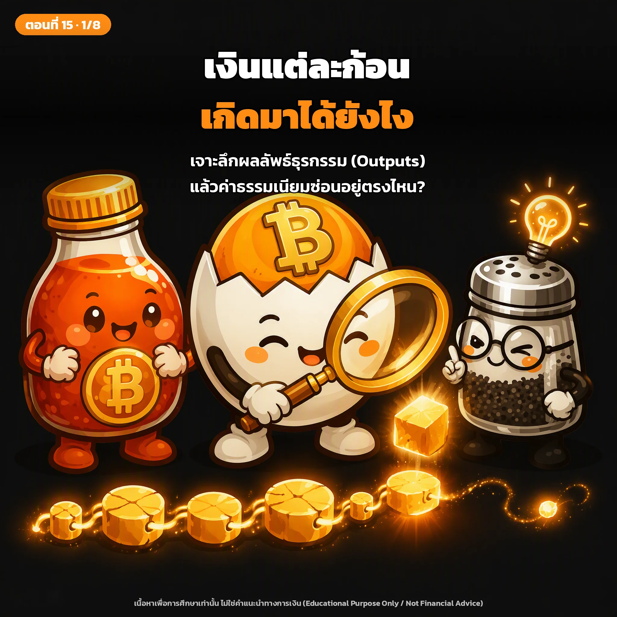 สไลด์ปกตอนที่ 15: ผลลัพธ์ธุรกรรม (Outputs) เจาะลึก: เงินแต่ละก้อนเกิดมาได้ยังไง แล้ว 'ค่าธรรมเนียม' ซ่อนอยู่ตรงไหน?