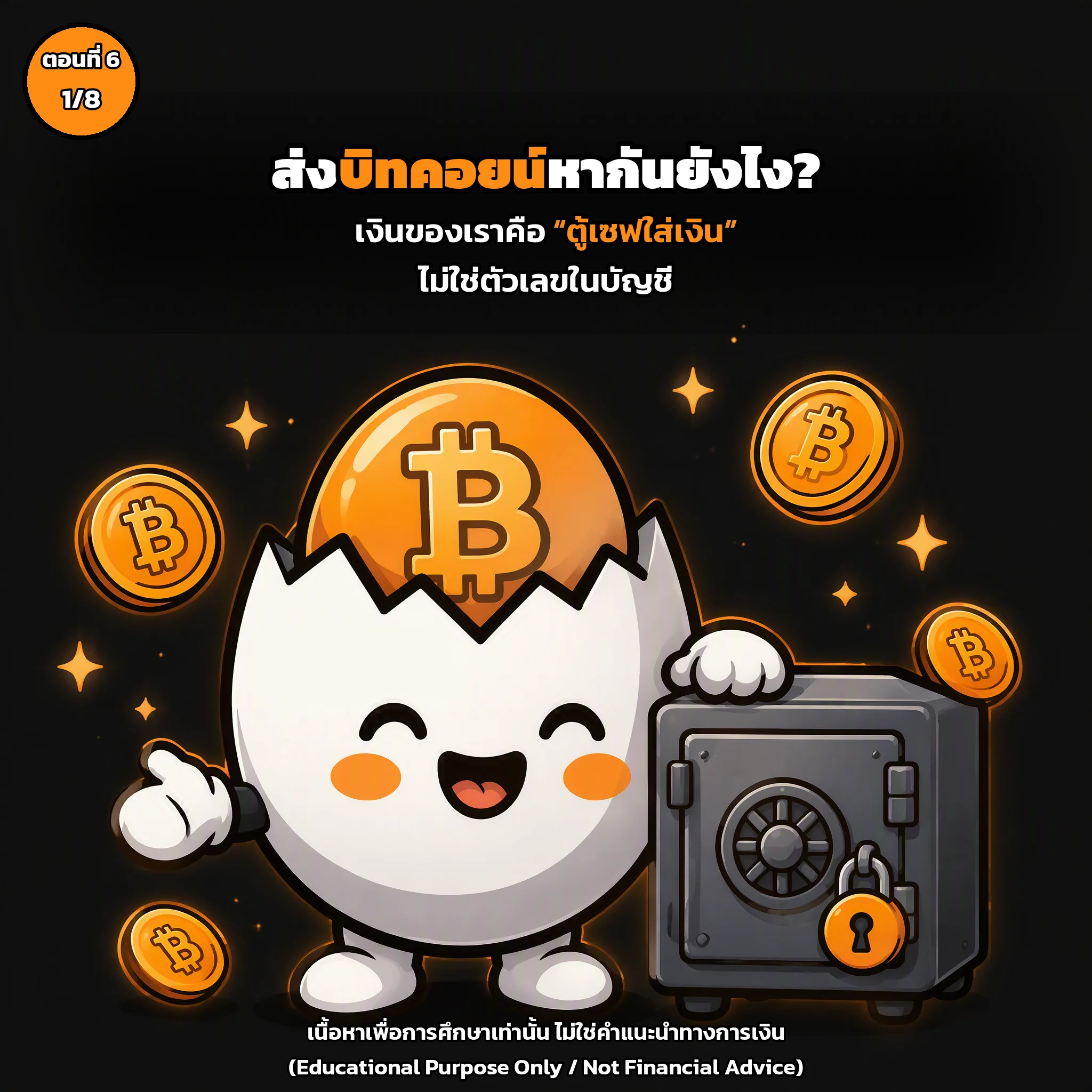สไลด์ปกตอนที่ 6: ส่งบิทคอยน์หากันยังไง? (เงินของเราคือ 'ตู้เซฟใส่เงิน' ไม่ใช่ตัวเลขในบัญชี)